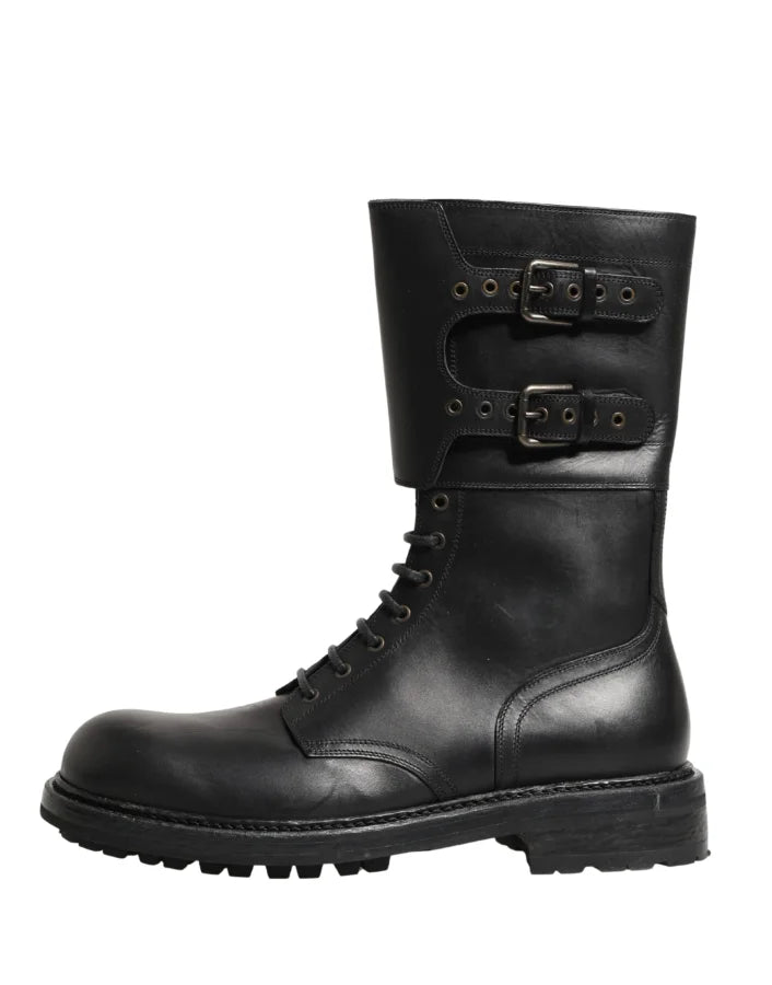 Dolce &amp; Gabbana Black Leather Belted Buckle Combat Boots Shoes