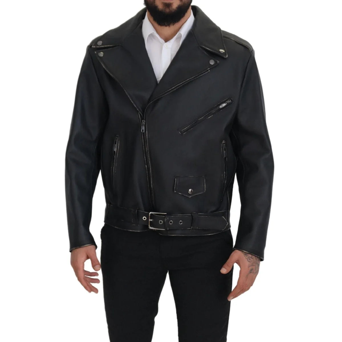 Dolce & Gabbana Black Leather Biker Coat Zipper Jacket