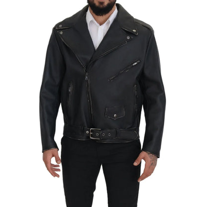 Dolce & Gabbana Black Leather Biker Coat Zipper Jacket