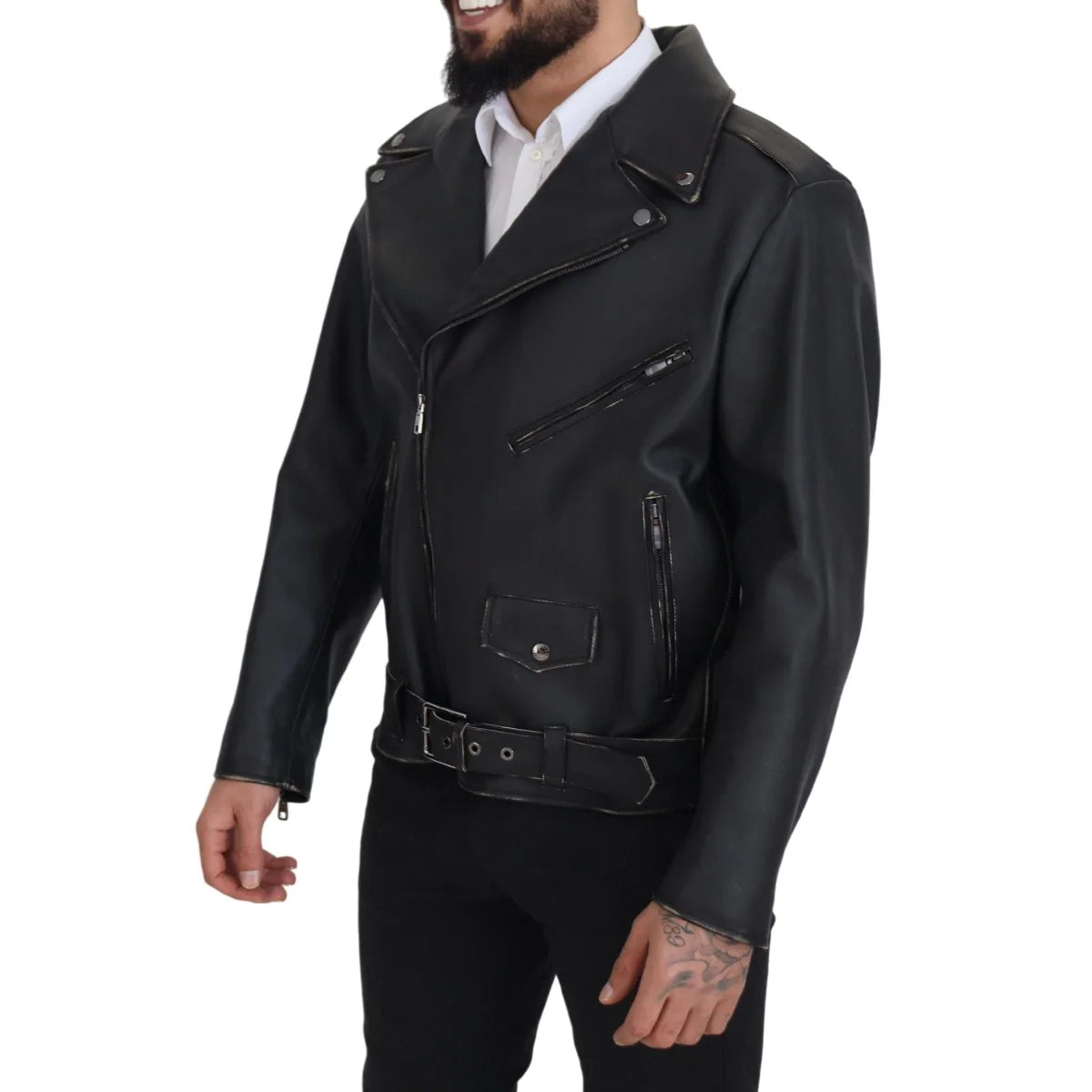 Dolce & Gabbana Black Leather Biker Coat Zipper Jacket