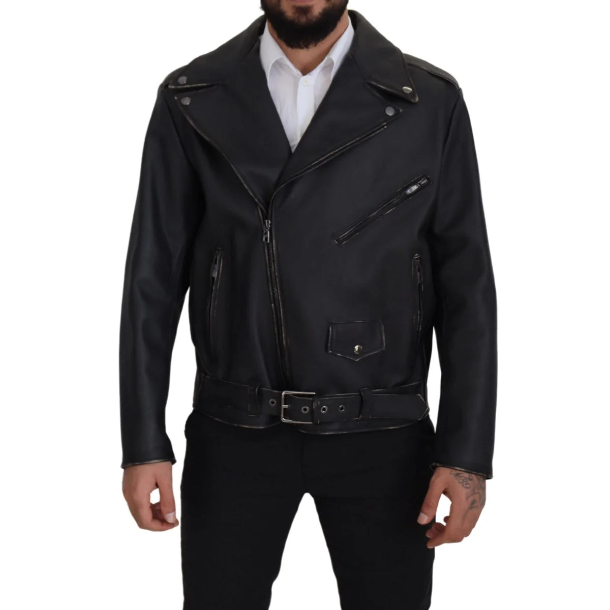 Dolce & Gabbana Black Leather Biker Coat Zipper Jacket