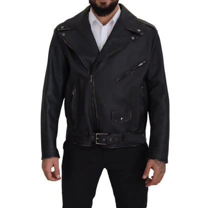 Dolce & Gabbana Black Leather Biker Coat Zipper Jacket