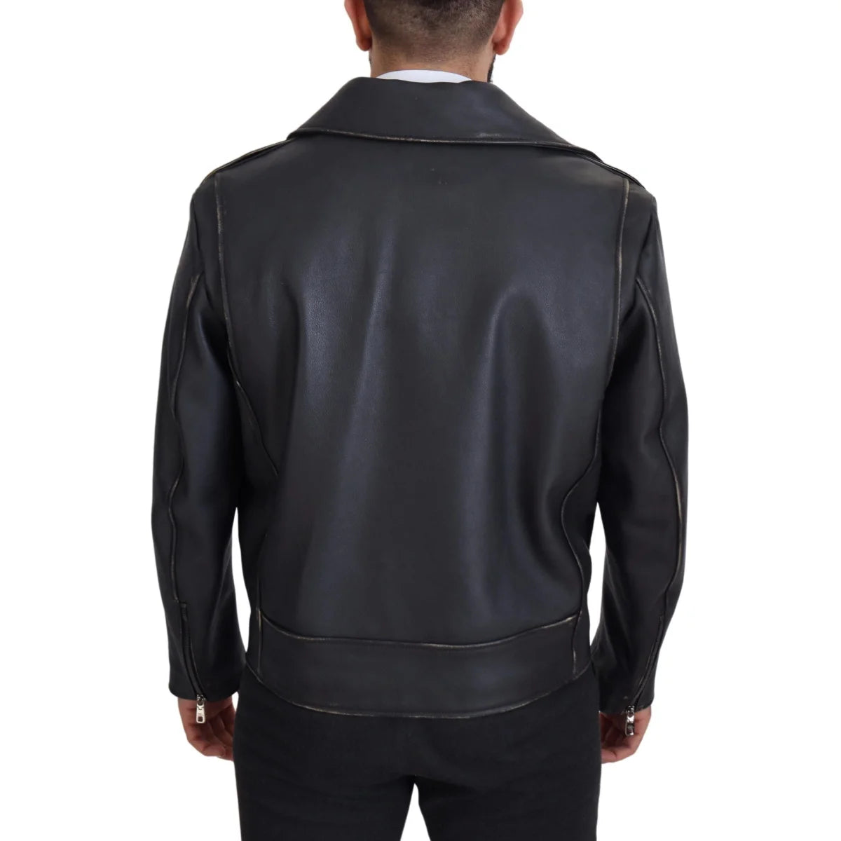 Dolce & Gabbana Black Leather Biker Coat Zipper Jacket