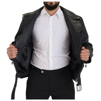 Dolce & Gabbana Black Leather Biker Coat Zipper Jacket
