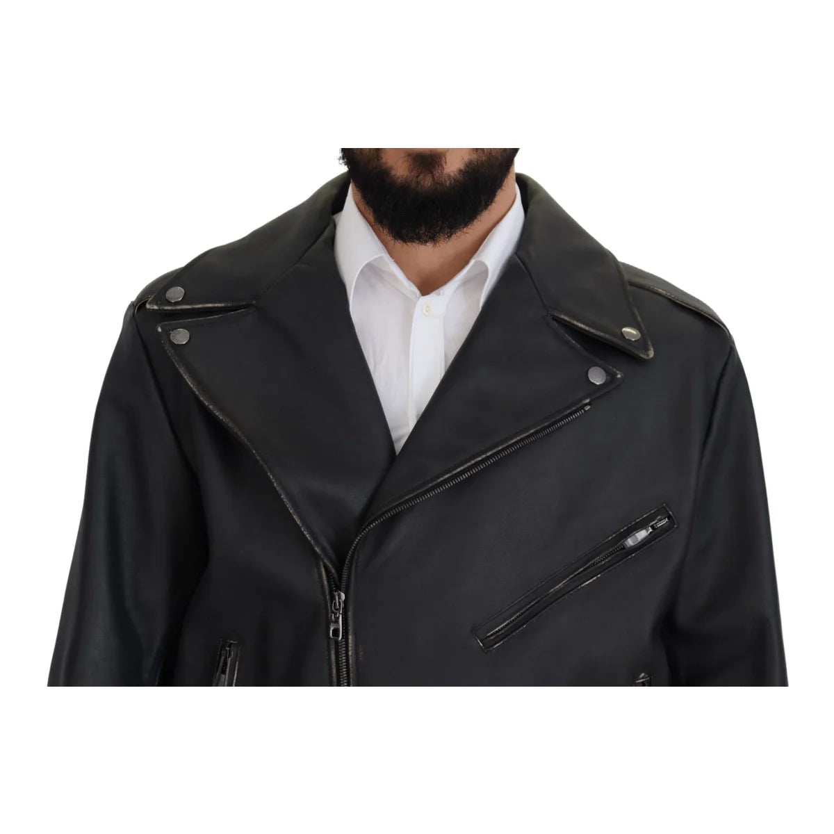 Dolce & Gabbana Black Leather Biker Coat Zipper Jacket