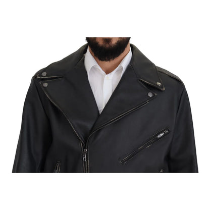 Dolce & Gabbana Black Leather Biker Coat Zipper Jacket