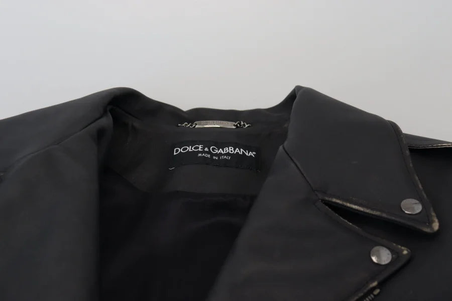 Dolce & Gabbana Black Leather Biker Coat Zipper Jacket