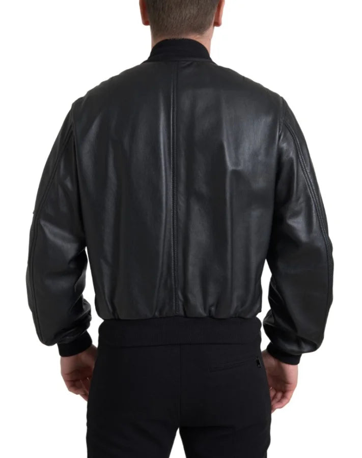 Dolce & Gabbana Black Leather Blouson Full Zip Bomber Jacket