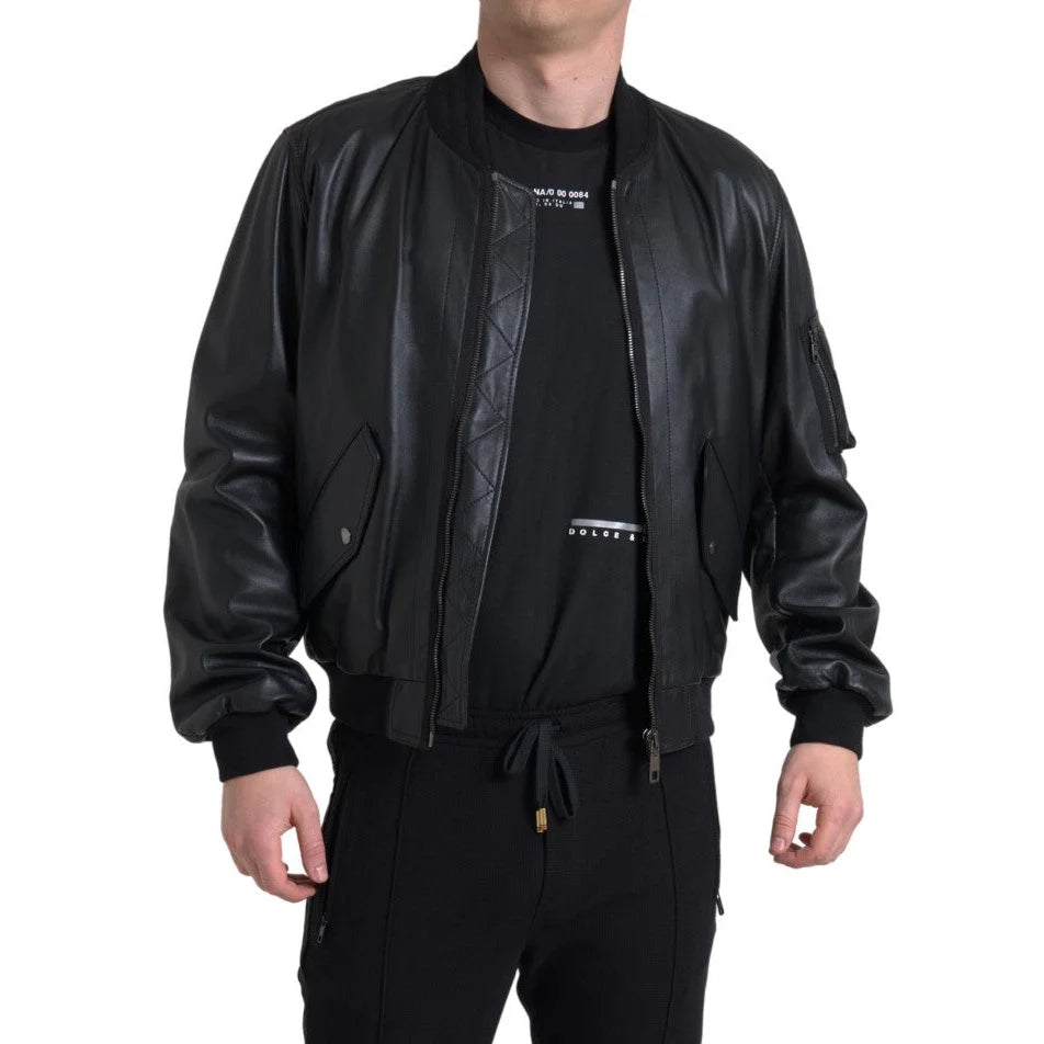Dolce Gabbana Black Leather Bomber Jacket Stunning New &