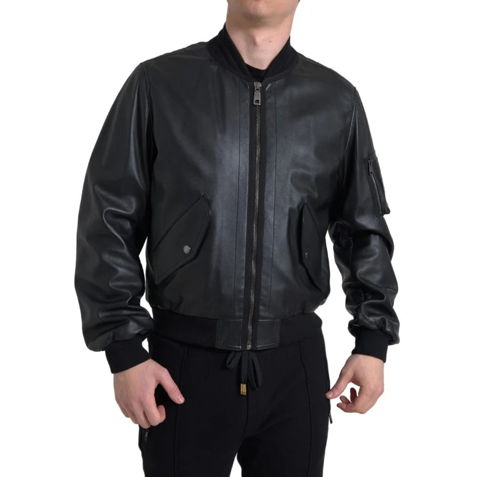 Dolce Gabbana Black Leather Bomber Jacket Stunning New &