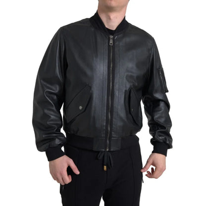 Dolce Gabbana Black Leather Bomber Jacket Stunning New &