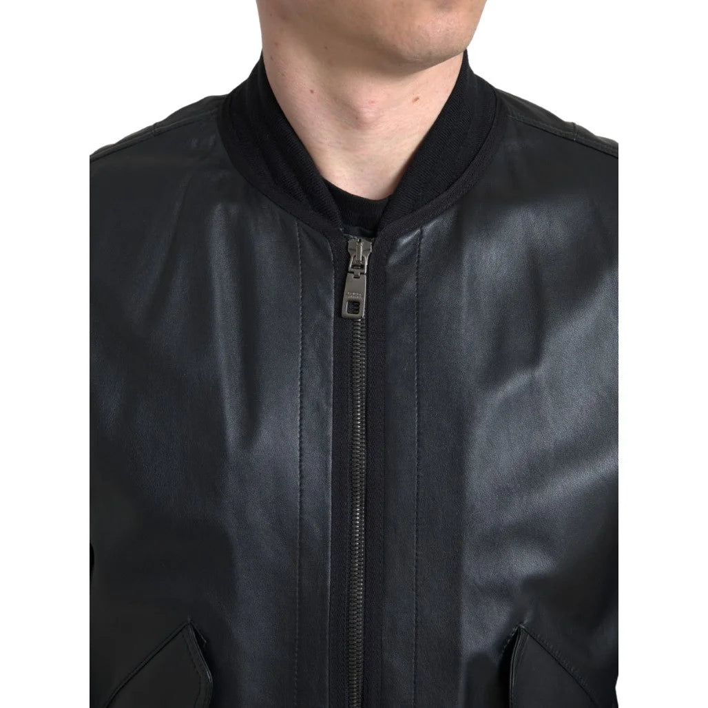 Dolce Gabbana Black Leather Bomber Jacket Stunning New &
