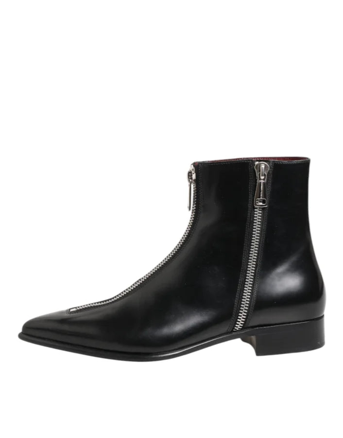 Dolce &amp; Gabbana Black Leather Chelsea Short Ankle Boots Shoes