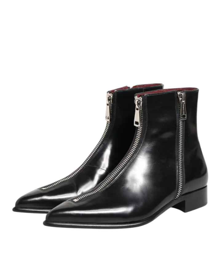 Dolce &amp; Gabbana Black Leather Chelsea Short Ankle Boots Shoes