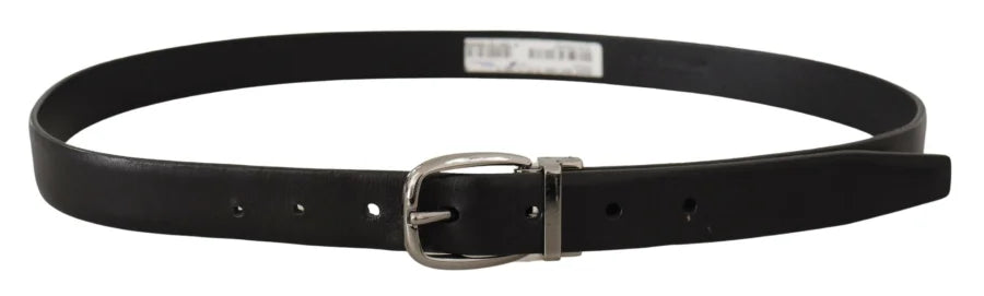 Dolce &amp; Gabbana Black Leather Chrome Logo Metal Buckle Belt