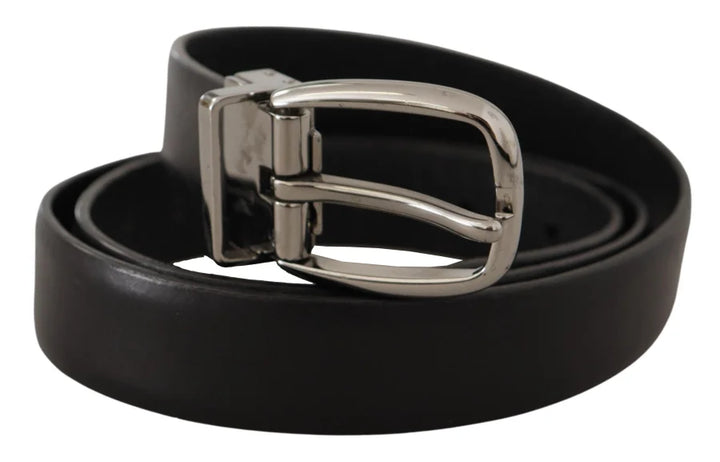 Dolce &amp; Gabbana Black Leather Chrome Logo Metal Buckle Belt