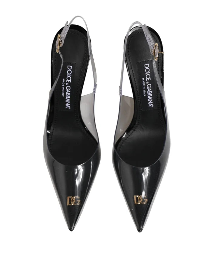 Dolce &amp; Gabbana Black Leather Clear PVC Slingback Pumps Shoes