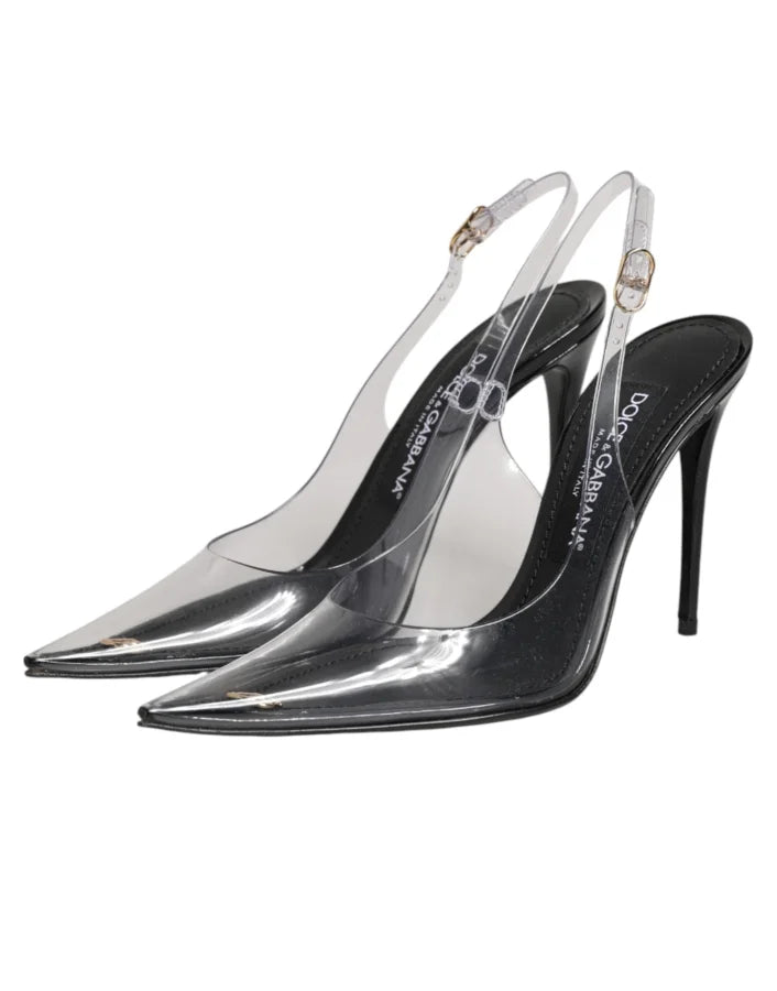 Dolce &amp; Gabbana Black Leather Clear PVC Slingback Pumps Shoes