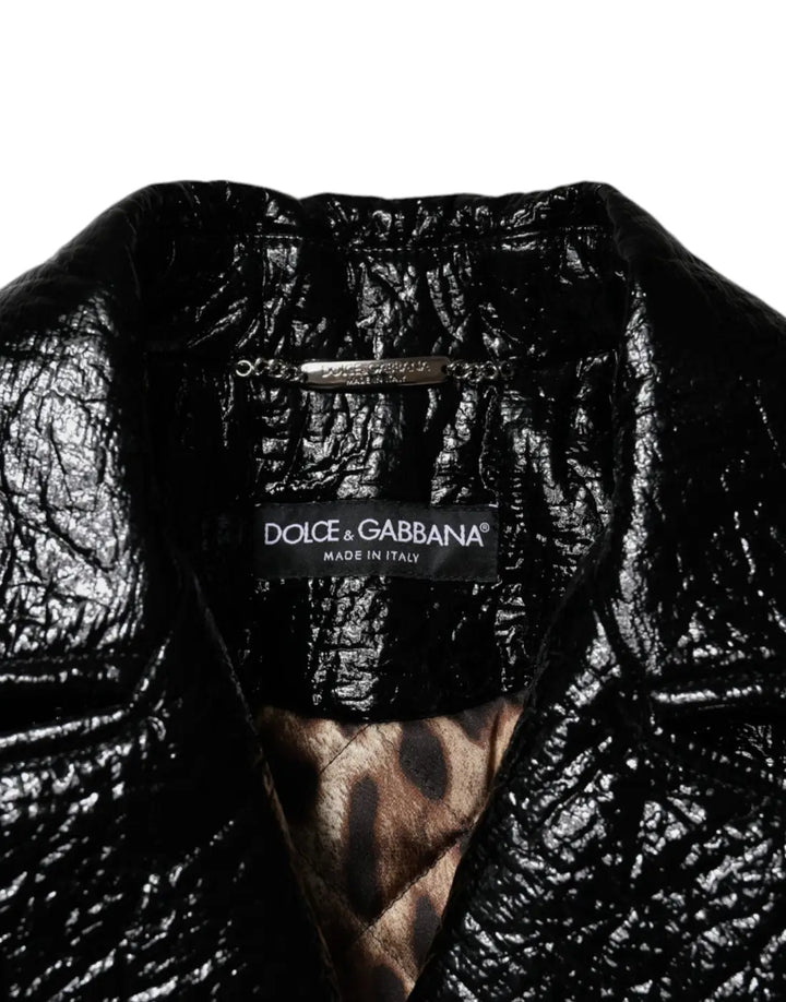 Dolce &amp; Gabbana Black Leather Cropped Long Sleeve Coat Jacket