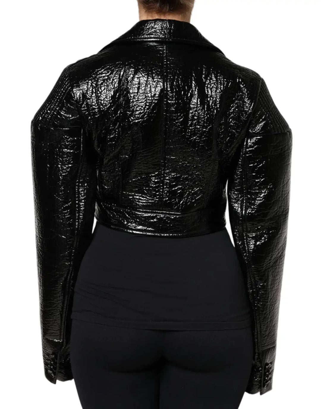 Dolce &amp; Gabbana Black Leather Cropped Long Sleeve Coat Jacket