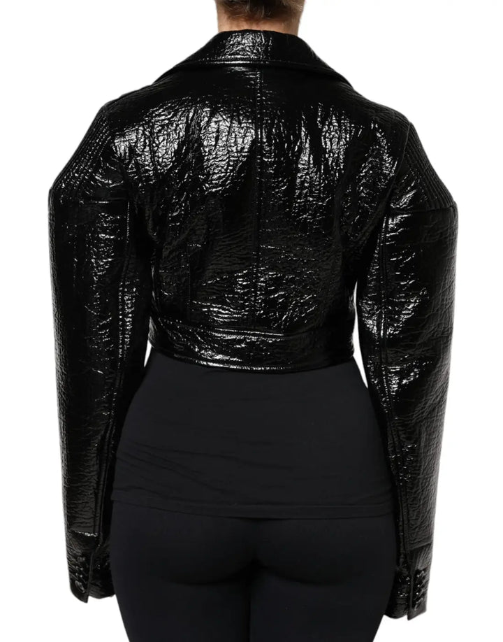 Dolce &amp; Gabbana Black Leather Cropped Long Sleeve Coat Jacket