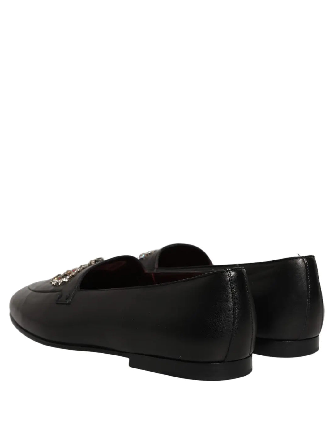 Dolce &amp; Gabbana Black Leather Crown Embellished Loafers Shoes