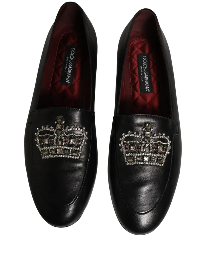 Dolce &amp; Gabbana Black Leather Crown Embellished Loafers Shoes