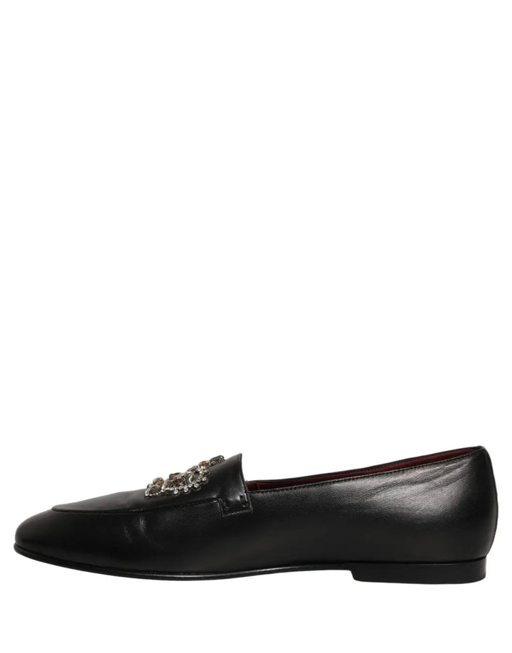 Dolce &amp; Gabbana Black Leather Crown Embellished Loafers Shoes
