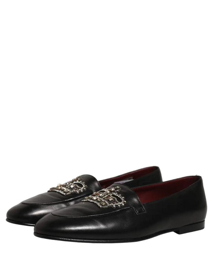 Dolce &amp; Gabbana Black Leather Crown Embellished Loafers Shoes