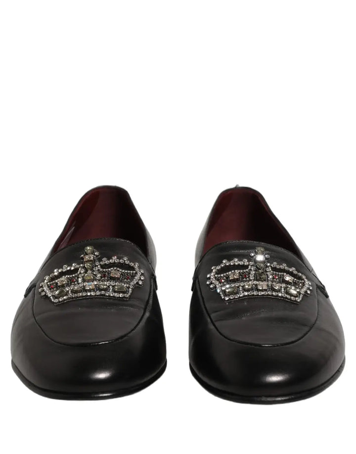 Dolce &amp; Gabbana Black Leather Crown Embellished Loafers Shoes