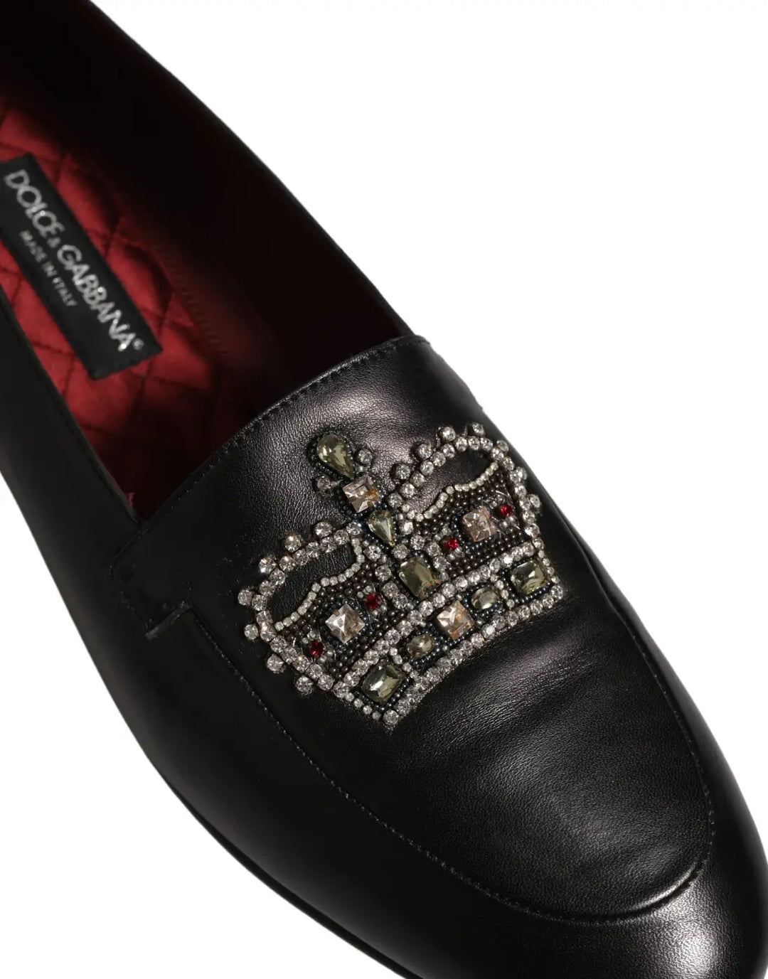 Dolce &amp; Gabbana Black Leather Crown Embellished Loafers Shoes
