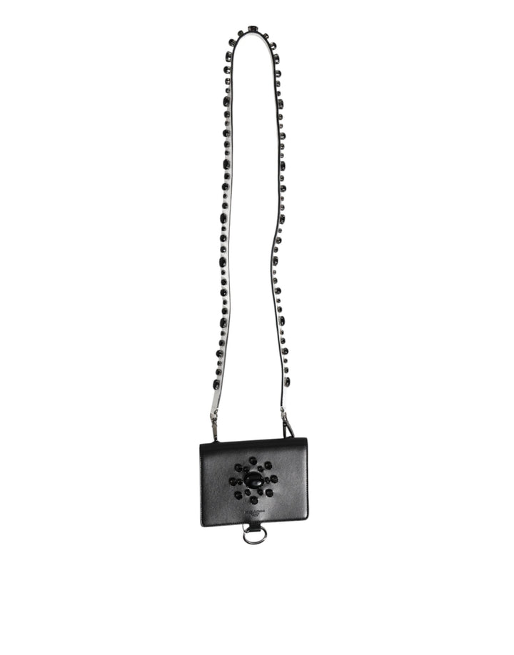 Dolce &amp; Gabbana Black Leather Crystal Embellished Card Holder Wallet