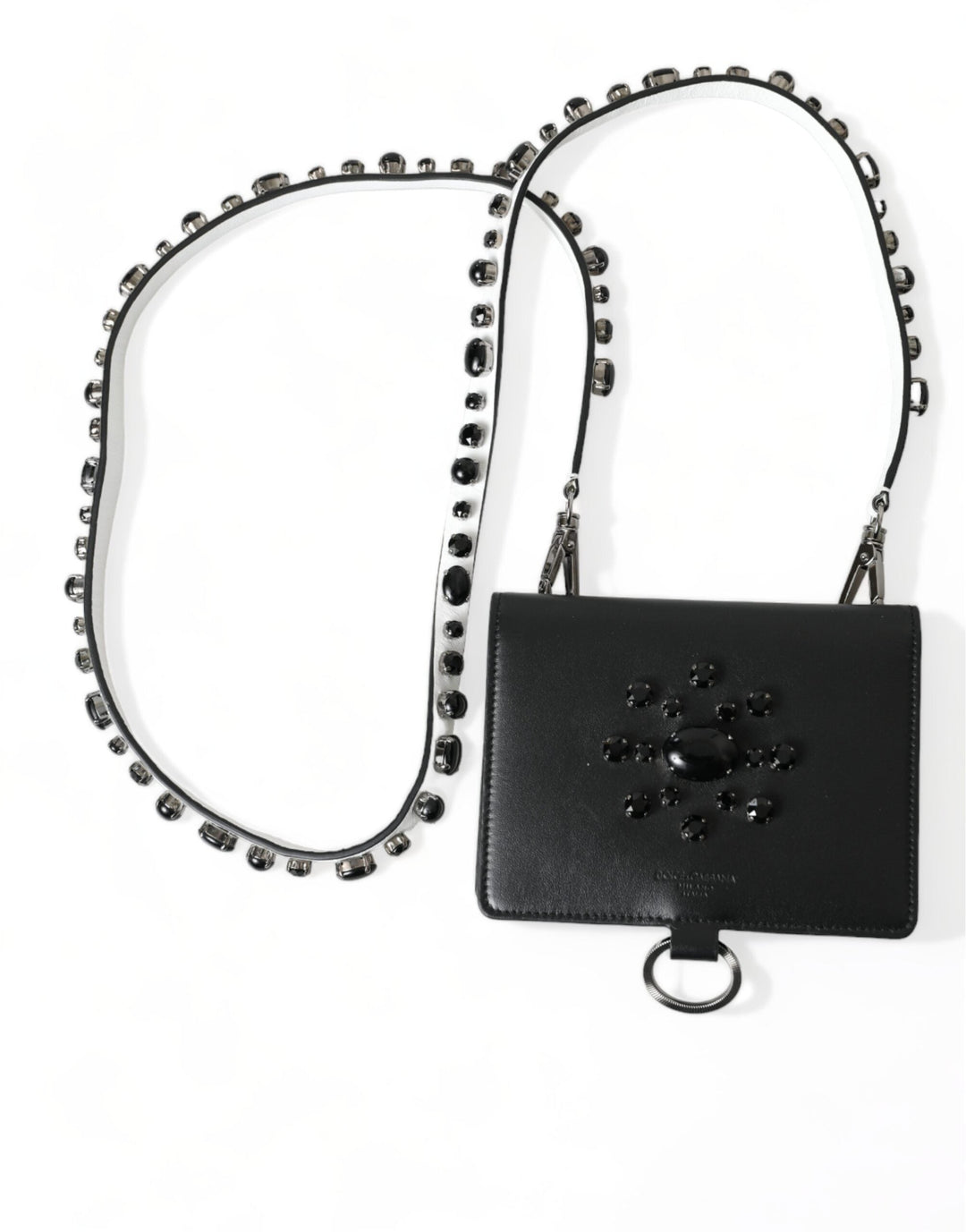 Dolce &amp; Gabbana Black Leather Crystal Embellished Card Holder Wallet