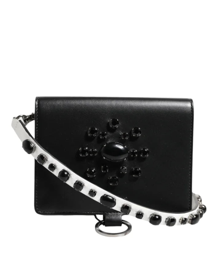 Dolce &amp; Gabbana Black Leather Crystal Embellished Card Holder Wallet