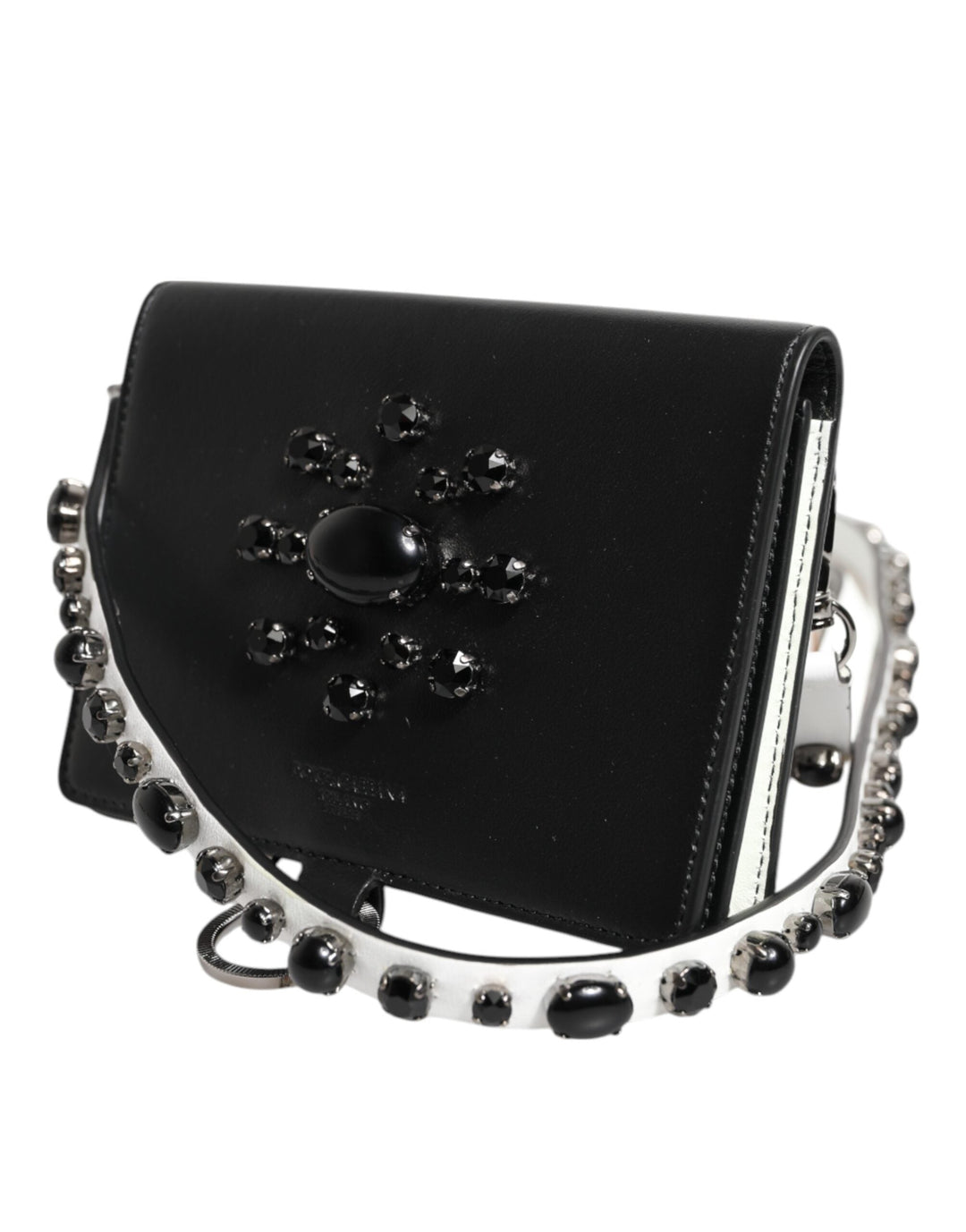 Dolce &amp; Gabbana Black Leather Crystal Embellished Card Holder Wallet
