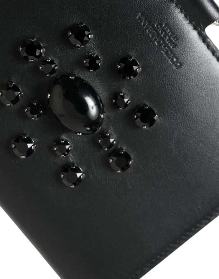 Dolce &amp; Gabbana Black Leather Crystal Embellished Card Holder Wallet