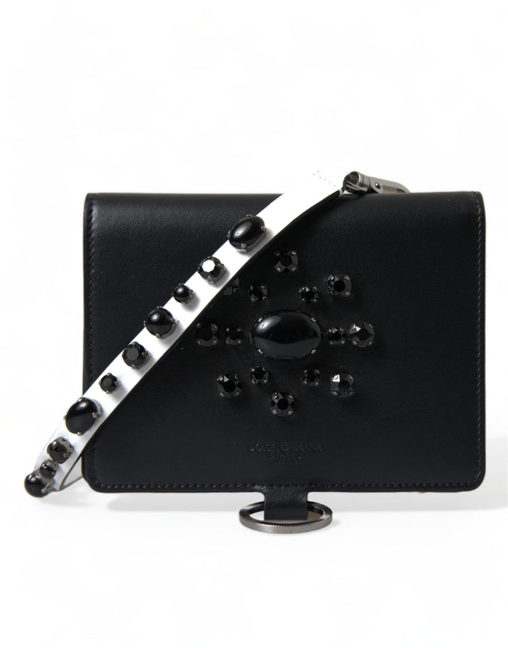 Dolce &amp; Gabbana Black Leather Crystal Embellished Card Holder Wallet