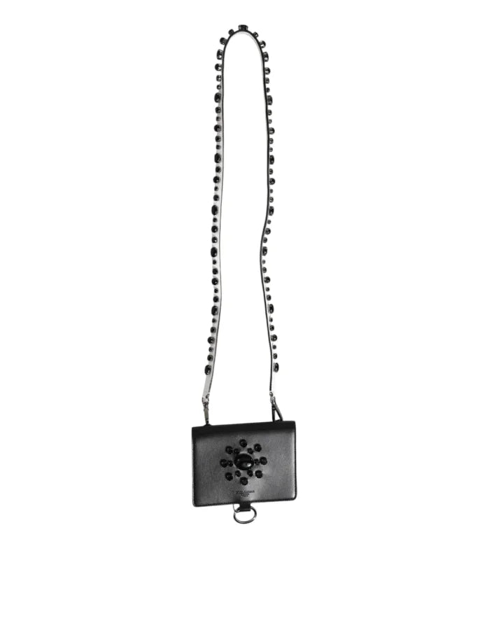 Dolce &amp; Gabbana Black Leather Crystal Embellished Card Holder Wallet