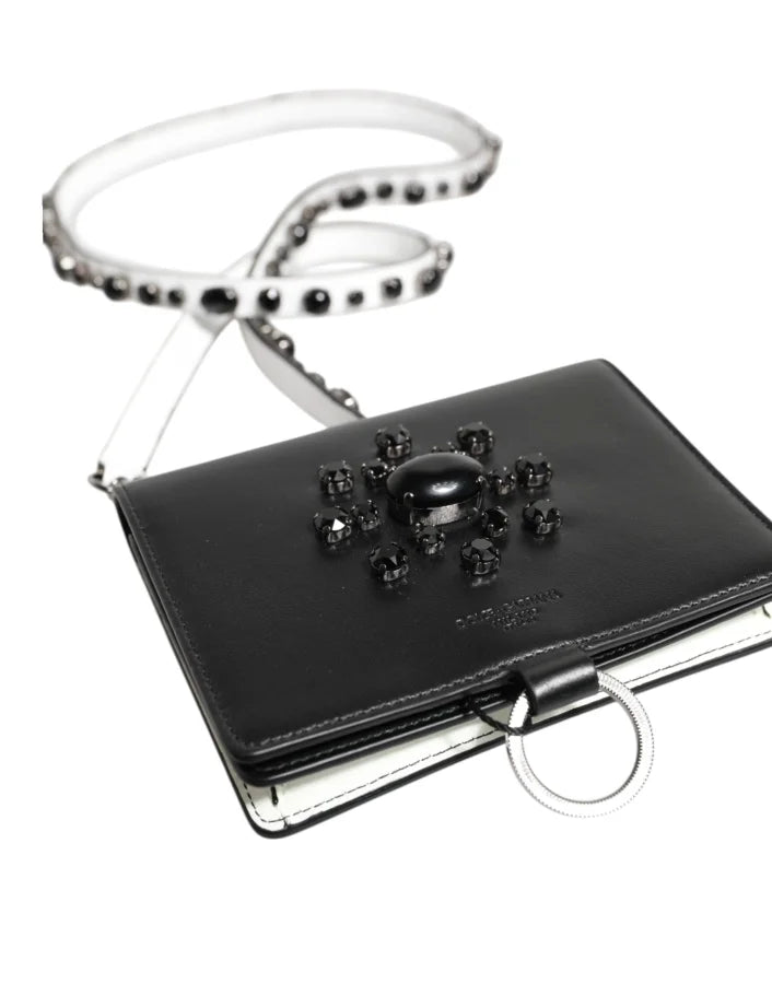Dolce &amp; Gabbana Black Leather Crystal Embellished Card Holder Wallet