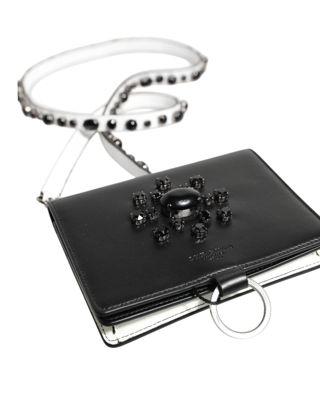 Dolce &amp; Gabbana Black Leather Crystal Embellished Card Holder Wallet