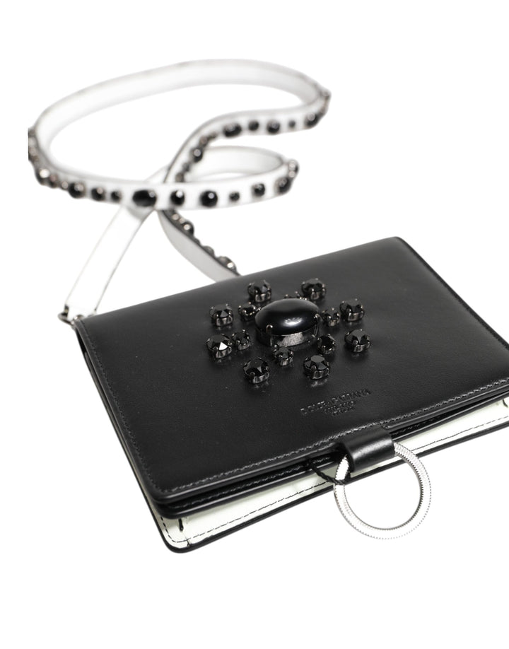 Dolce &amp; Gabbana Black Leather Crystal Embellished Card Holder Wallet
