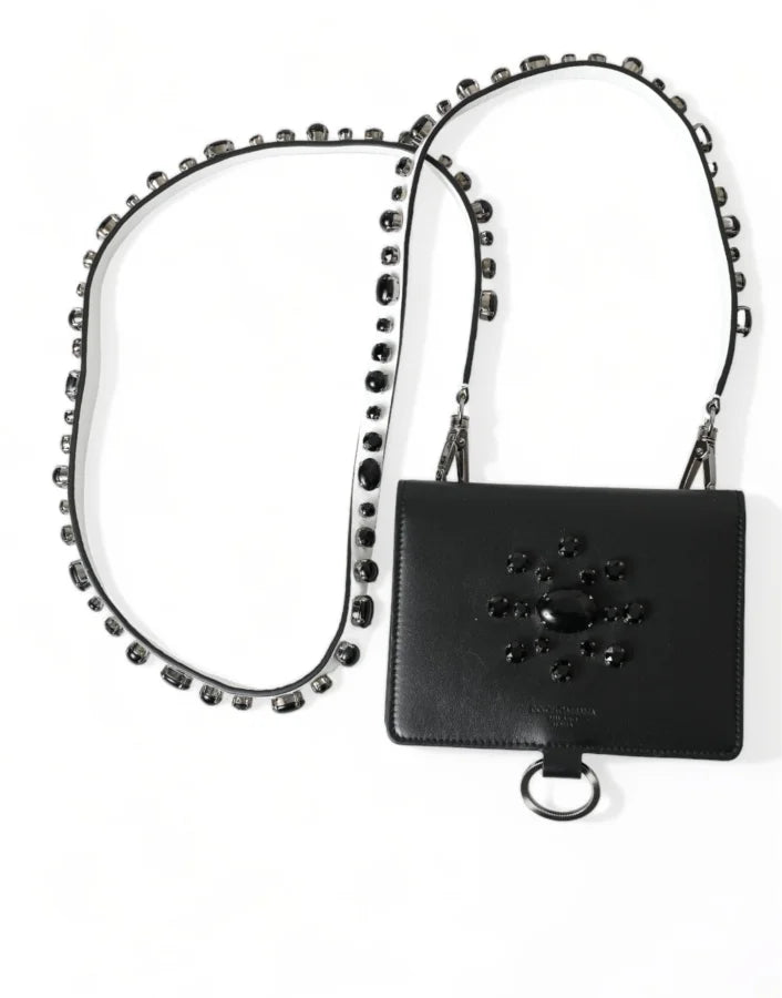Dolce &amp; Gabbana Black Leather Crystal Embellished Card Holder Wallet