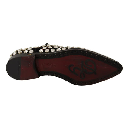 Dolce & Gabbana Black Leather Crystals Lace Up Formal Shoes