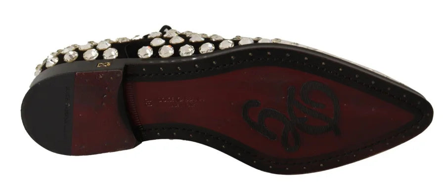 Dolce &amp; Gabbana Black Leather Crystals Lace Up Formal Shoes