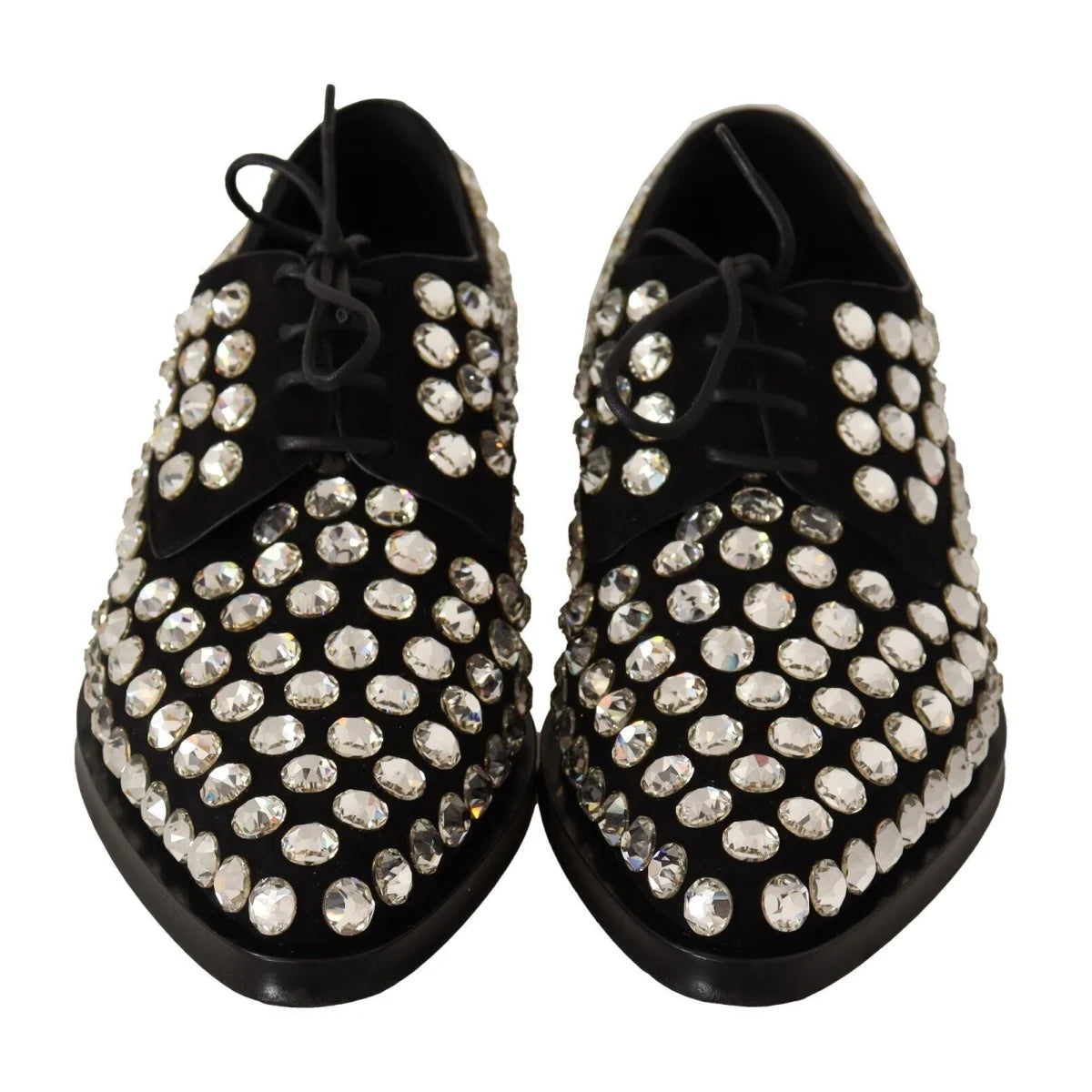 Dolce & Gabbana Black Leather Crystals Lace Up Formal Shoes
