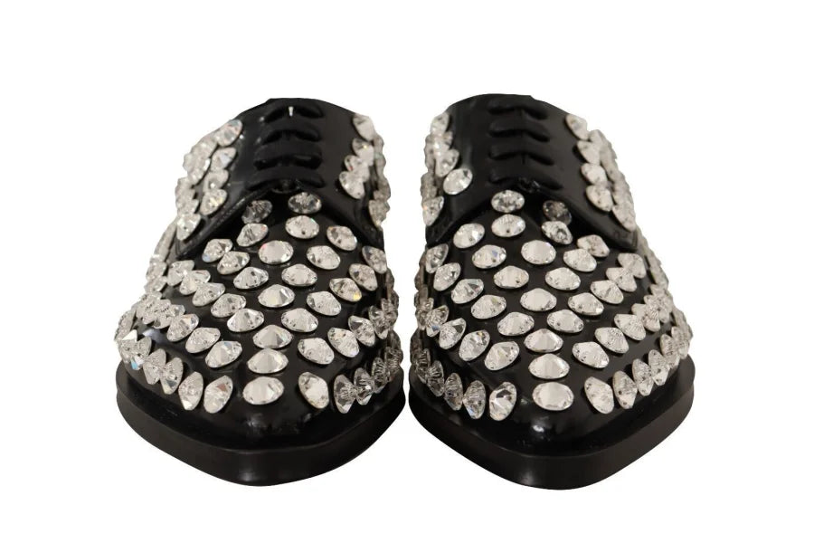 Dolce &amp; Gabbana Black Leather Crystals Lace Up Formal Shoes