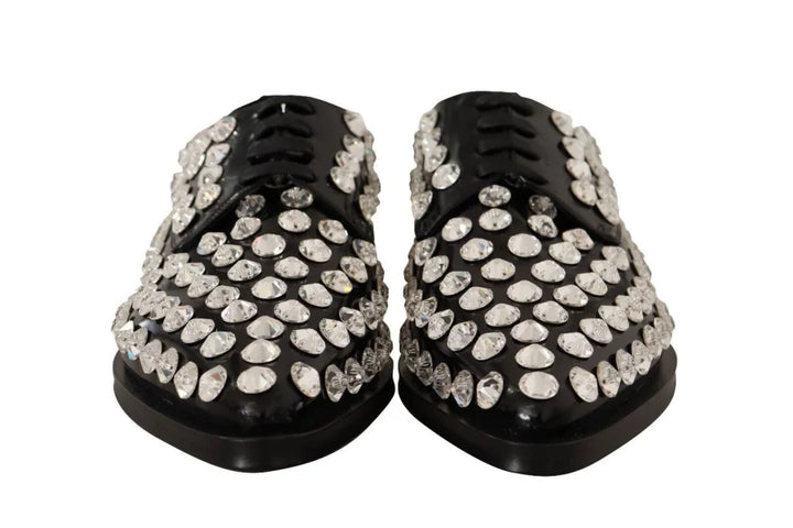 Dolce &amp; Gabbana Black Leather Crystals Lace Up Formal Shoes