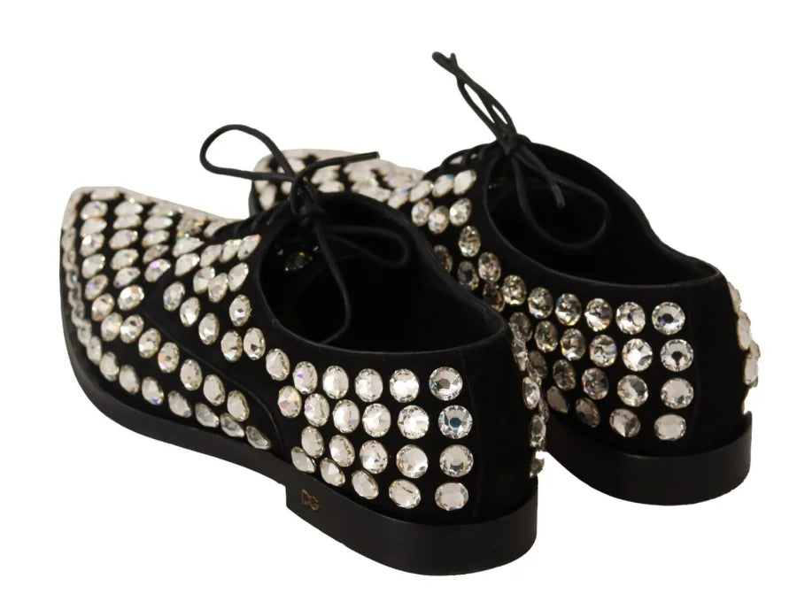 Dolce &amp; Gabbana Black Leather Crystals Lace Up Formal Shoes