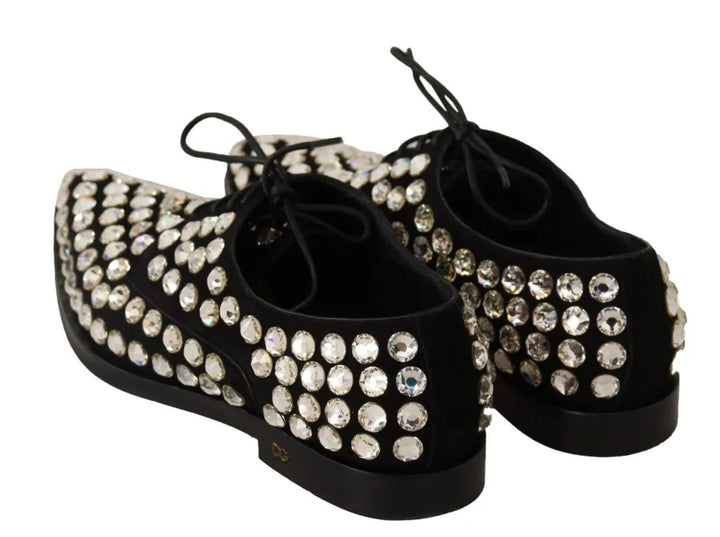 Dolce &amp; Gabbana Black Leather Crystals Lace Up Formal Shoes