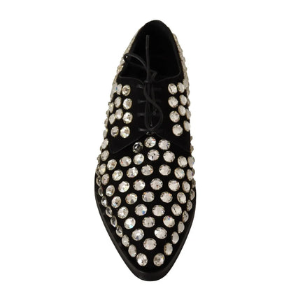 Dolce & Gabbana Black Leather Crystals Lace Up Formal Shoes